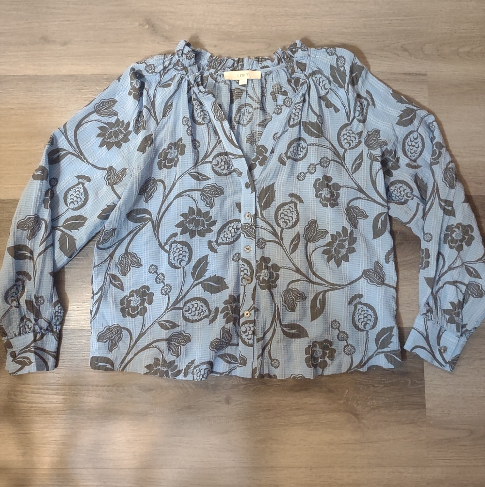 LOFT Blue and Black Floral Button Down Blouse
